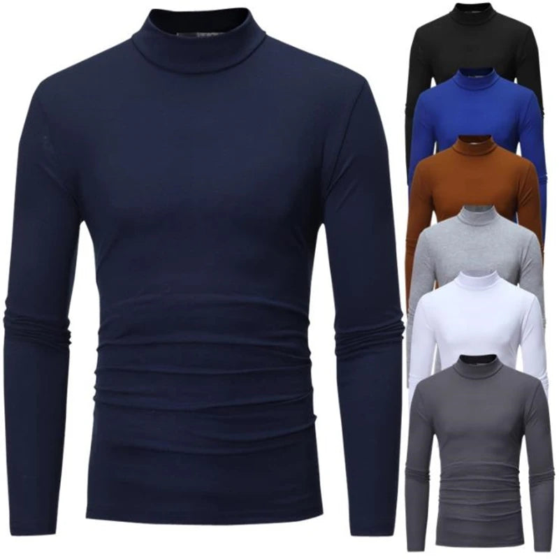 Turtleneck For Men Solid Color Slim Elastic Thin Pullover Spring Autumn Underwear Turtleneck Men Knitting Blouse Base Tshirt Top