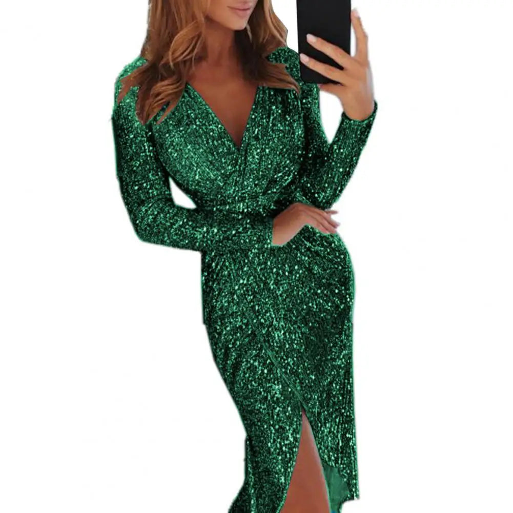 Summer Women Dress Sequined Solid Color V Neck Long Sleeve Midi Dress Elegant Slim Fit Polyester Sheath Dress For Dating