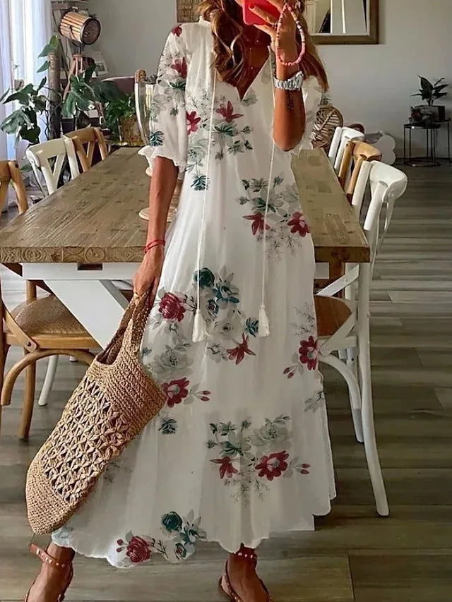 Spring Summer New 2024 Women's Casual Sweet Loose Sexy V-neck Drawstring Fashionable Printed Long Sleeved Dress