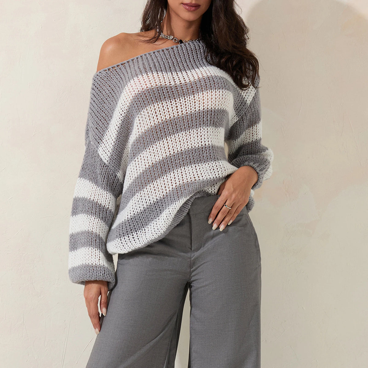 Women Striped Knit Sweaters 2024 Oversized Fall Winter Drop Shoulder Color Block Long Sleeve Loose Fit Pullover Tops D16 - MyEmpired