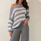 Women Striped Knit Sweaters 2024 Oversized Fall Winter Drop Shoulder Color Block Long Sleeve Loose Fit Pullover Tops D16 - MyEmpired
