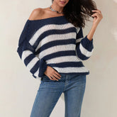 Women Striped Knit Sweaters 2024 Oversized Fall Winter Drop Shoulder Color Block Long Sleeve Loose Fit Pullover Tops D16 - MyEmpired
