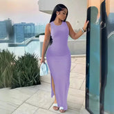 Mandylandy Long Bodycon Sexy Dress Women Sleeveless Round-Neck High Waist Dresses Solid Color High Waist Sheath Sexy Dresses - MyEmpired
