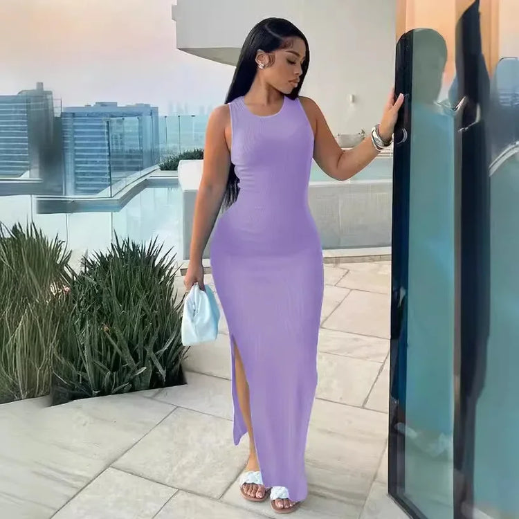 Mandylandy Long Bodycon Sexy Dress Women Sleeveless Round-Neck High Waist Dresses Solid Color High Waist Sheath Sexy Dresses - MyEmpired