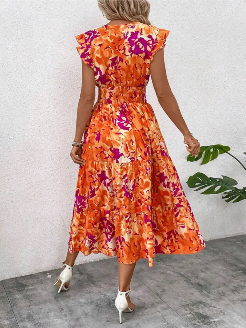 2025 Summer New Women's Sleeveless Shoulder Dress Bohemian Style Elastic Waist Ruffle Twisted Layers