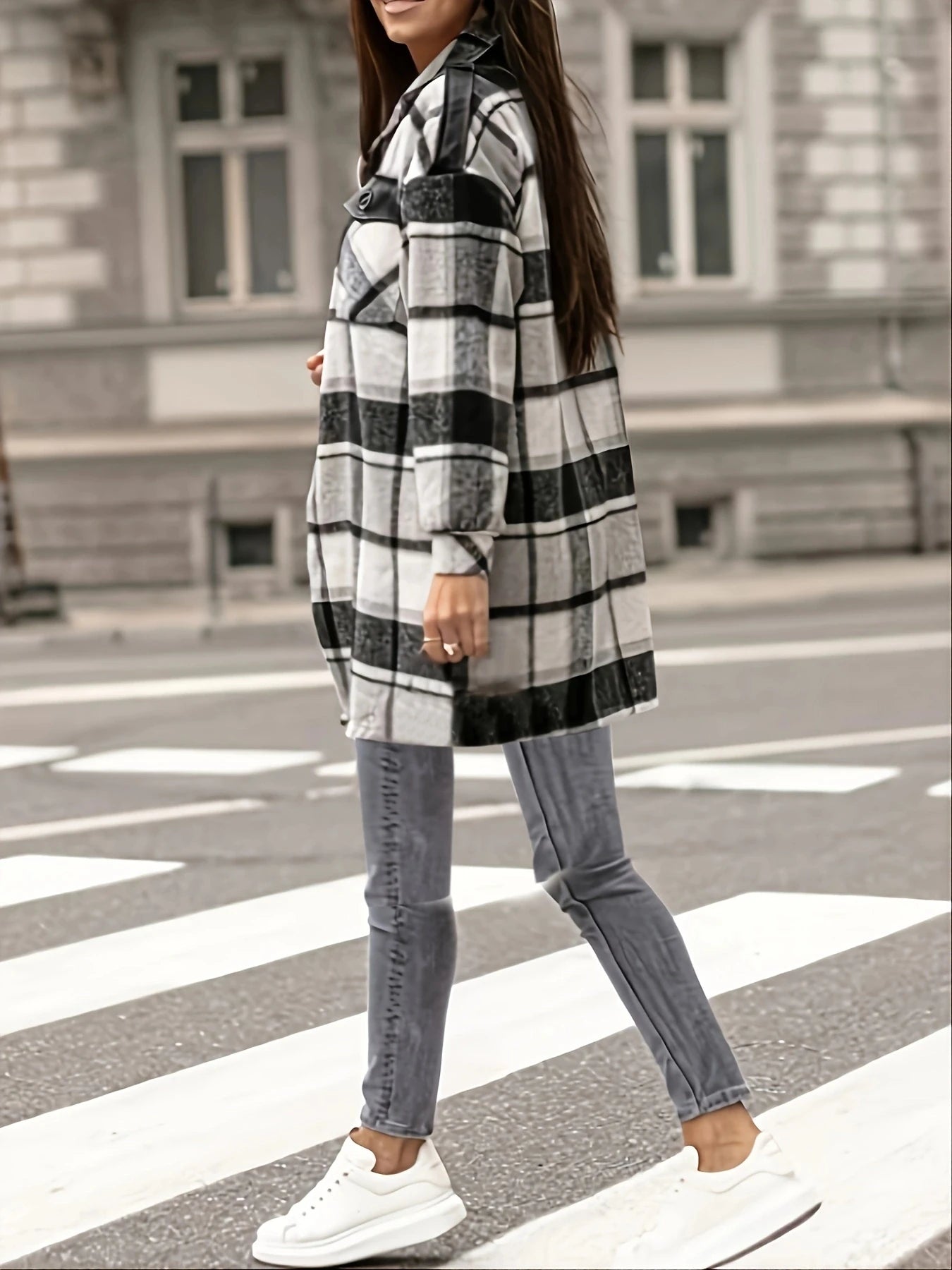 Women's Plaid Jacket Casual Button Wool Blend Winter Coats Long Sleeve Tartan Trench Coat With Pockets