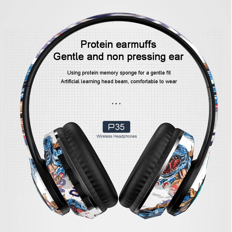 Graffiti Foldable Bluetooth Headphones Llluminated Wireless Noise Canceling Bass Headset Game Earphone With Mic For Kids Gifts