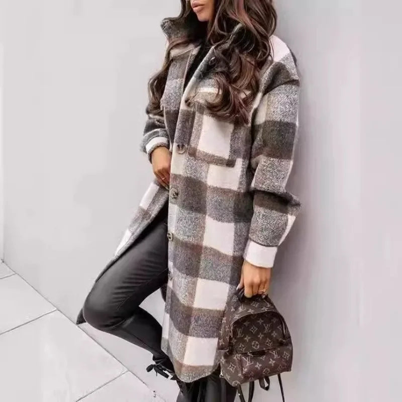 Medium and Long Woolen Coat Jackets Spring and Autumn Shirt Wool Coats Women's Plaid Polished Long Sleeve Pockets Blends Outwear