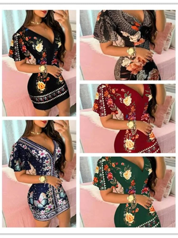 Summer Elegant Floral Print Bodycon Mini Dress Women 2024 Fashion Sexy Deep V-neck Package Hip Dresess Office Lady Party Dress