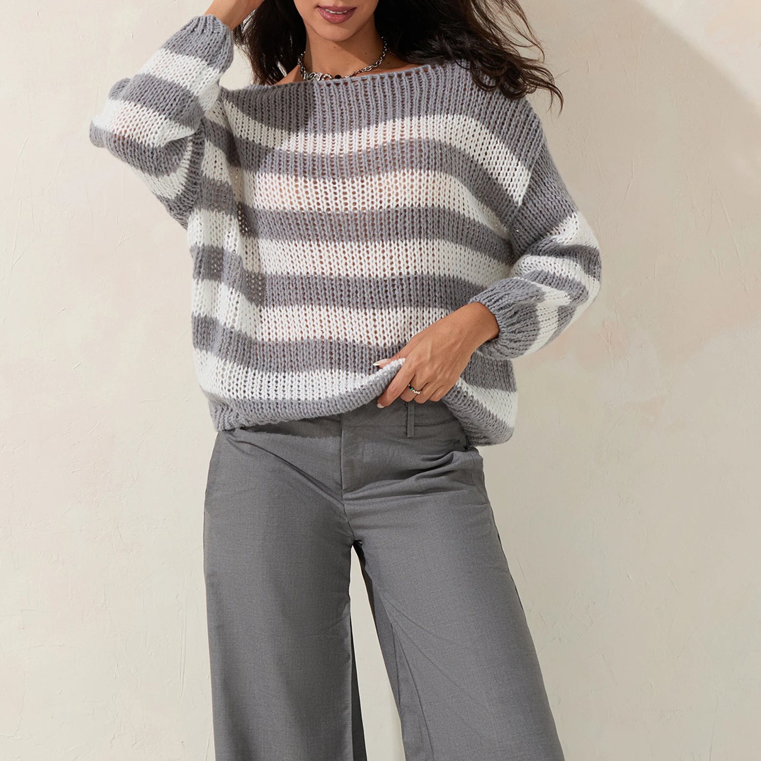 Women Striped Knit Sweaters 2024 Oversized Fall Winter Drop Shoulder Color Block Long Sleeve Loose Fit Pullover Tops D16 - MyEmpired