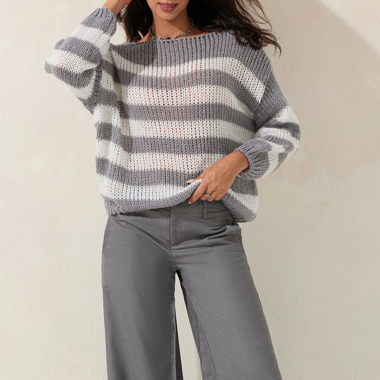 Women Striped Knit Sweaters 2024 Oversized Fall Winter Drop Shoulder Color Block Long Sleeve Loose Fit Pullover Tops D16 - MyEmpired