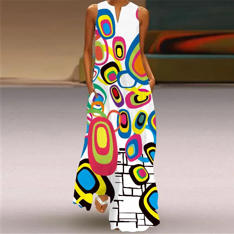 Elegant Sleeveless Women Dress Summer Vintage Print Loose Long Maxi Dresses Lady V Neck Pocket Sundress Femme Vestido Plus Size