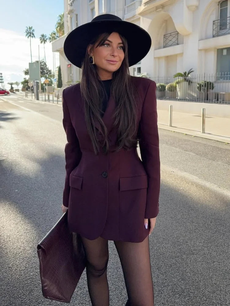 Vintage Burgundy Lapel Single Breasted Blazer Coat Women Chic Long Sleeve Waist Slim Jackets 2025 Spring Lady Commute Outwear