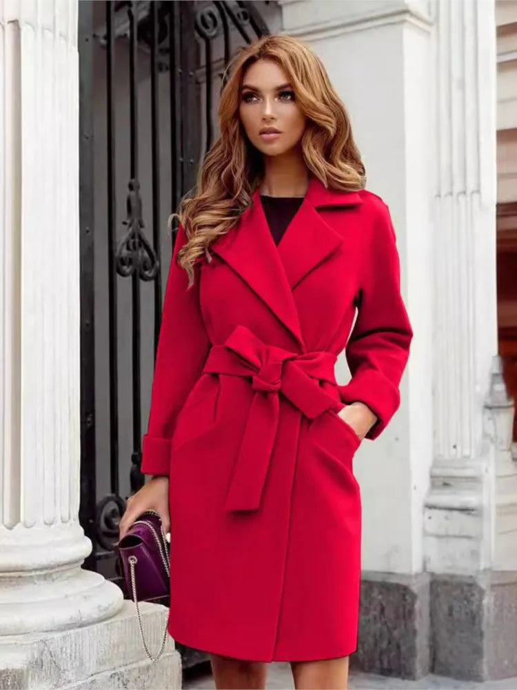 Temperament Elegant Slim Woolen Coat Women Fashion Solid Color Lapel Leace-up Bodycon Midi Woolen Coats Female Autumn Winter New