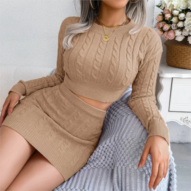 Autumn And Winter Fried Dough Twists Navel Revealing Sweater Buttock Knitting Skirt Women's Long Sleeved Top Slim Suit Skirt2024