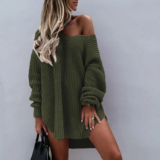 Women Oversize Sweater Solid Color Drop Shoulder Long Sleeves Long Sweater New Knitting V Neck Fashion Sexy Sweater Autumn - MyEmpired