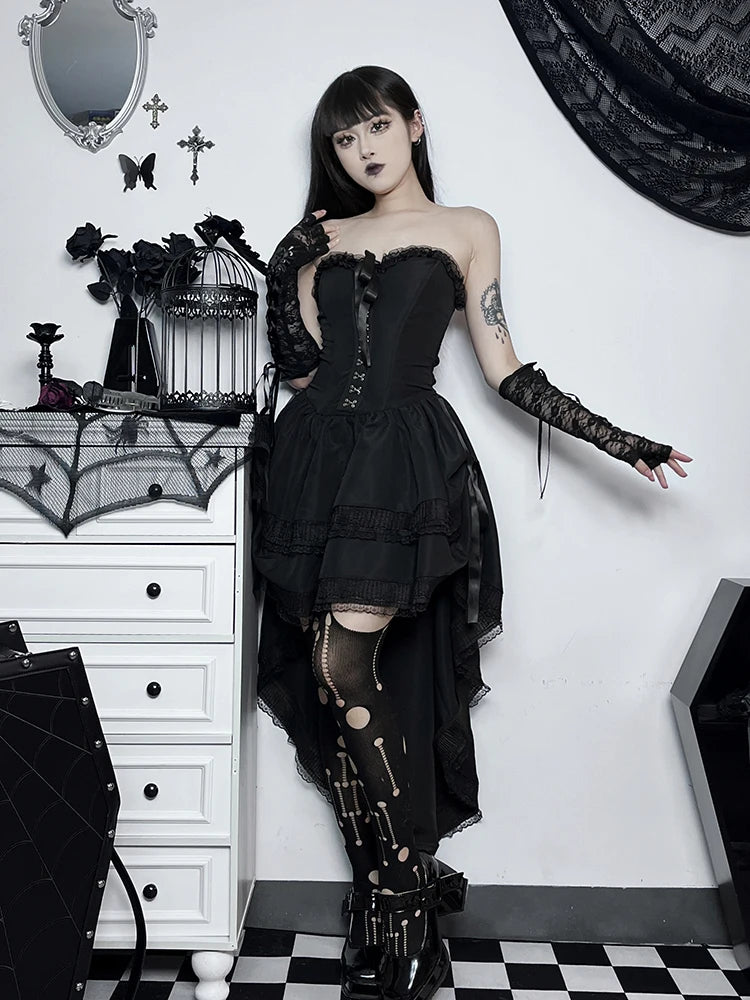 AltGoth Gothic Dark Halloween Black Dress Womem Palace Styel Lace Patchwork High Waist Corset Dress Nightclub Cosplay Partywear