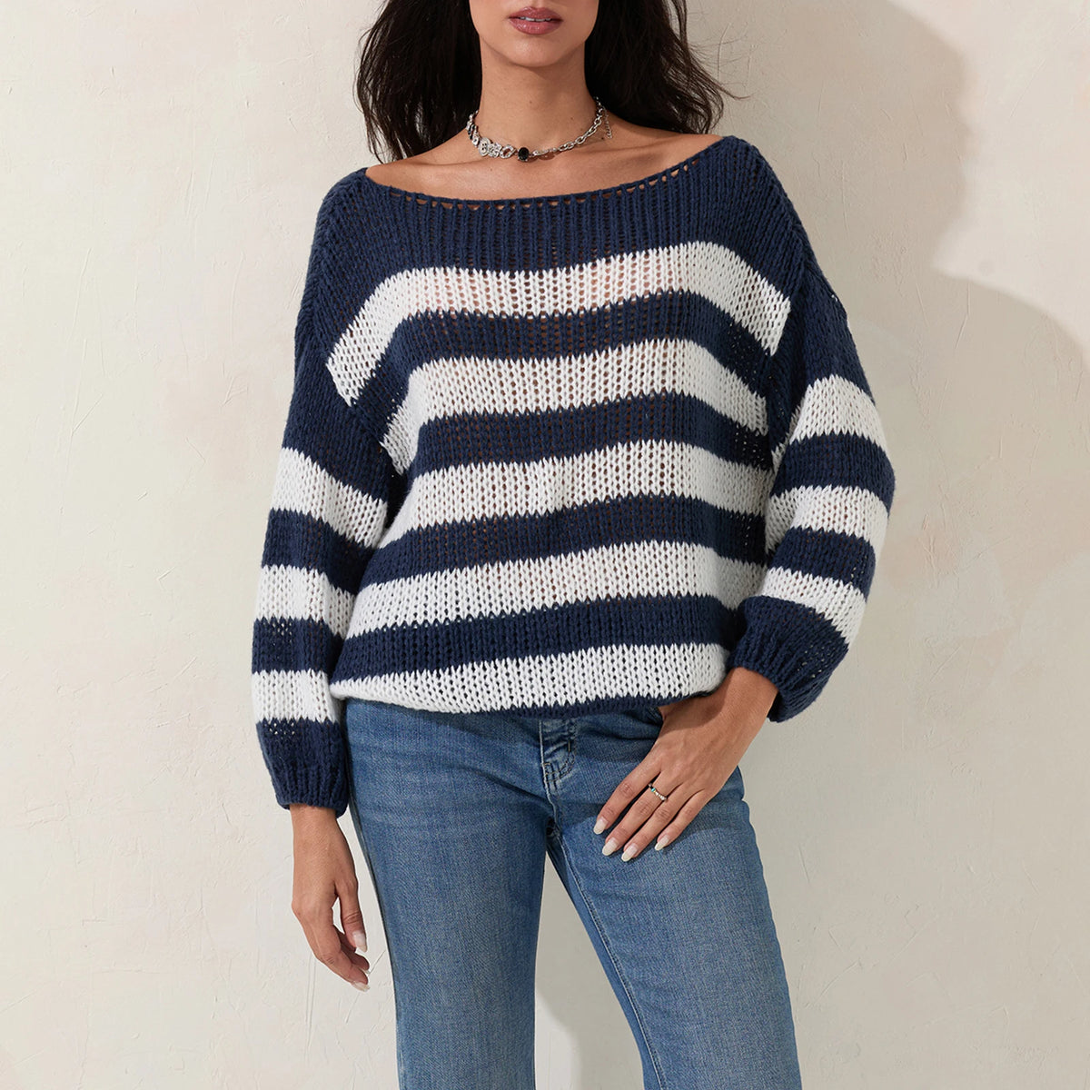 Women Striped Knit Sweaters 2024 Oversized Fall Winter Drop Shoulder Color Block Long Sleeve Loose Fit Pullover Tops D16 - MyEmpired