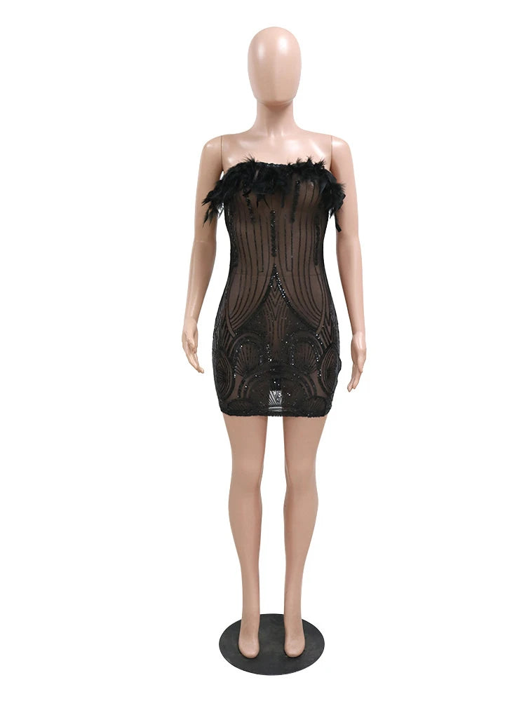 iDress Black Sexy Sequin Party Dress for Women Elegant Glitter Feather Short Dress Sheer Mesh Strapless Bodycon Mini Club Dress