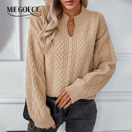 MIEGOFCE Solid Color Twisted Pullover Cardigan Collar Women Sweater Autumn Winter Retro Loose Drop Shoulder Long-sleeved G24085