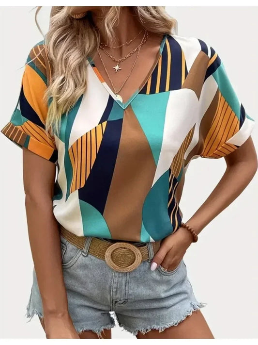 New Women's Summer Geometric Pattern Short Sleeved T-shirt Fashion V-neck Casual T-shirt for Women