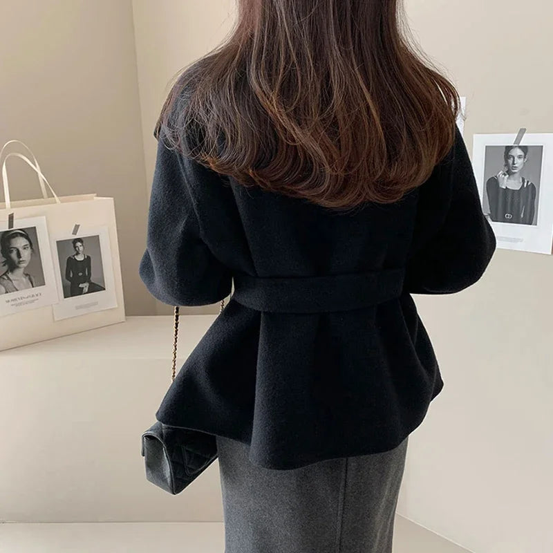 MEXZT Elegant Wool Blends Coats Women Black Bandage Woolen Jackets Winter Ladies Commute Outerwear Korean Fashion Overcoat New