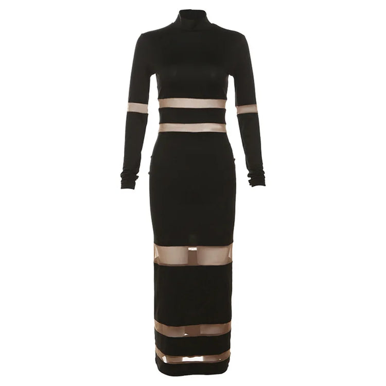 Patchwork Bodycon Sexy Midi Dress For Women 2023 Autumn Winter New Turtleneck Long Sleeve Club Party Sexy Dress Elegant - MyEmpired