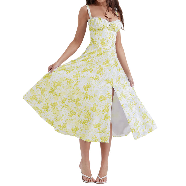 Women y2k Square Neck Lace Trim Boho Long Maxi Dress Floral Sleeveless Low Cut Split Side Bodycon Corset Sundress Streetwear - MyEmpired