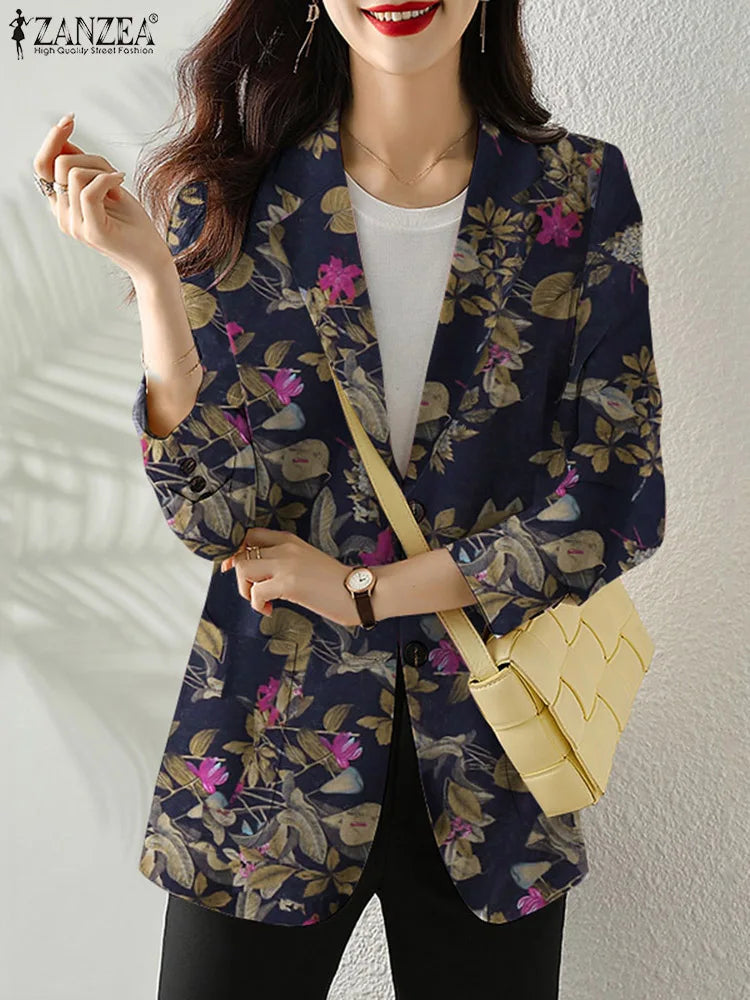 Women Autumn Blazer Retro Printed Coats Casual Long Sleeve Floral Outerwear ZANZEA Female Single Button Lapel Jackets Oversize