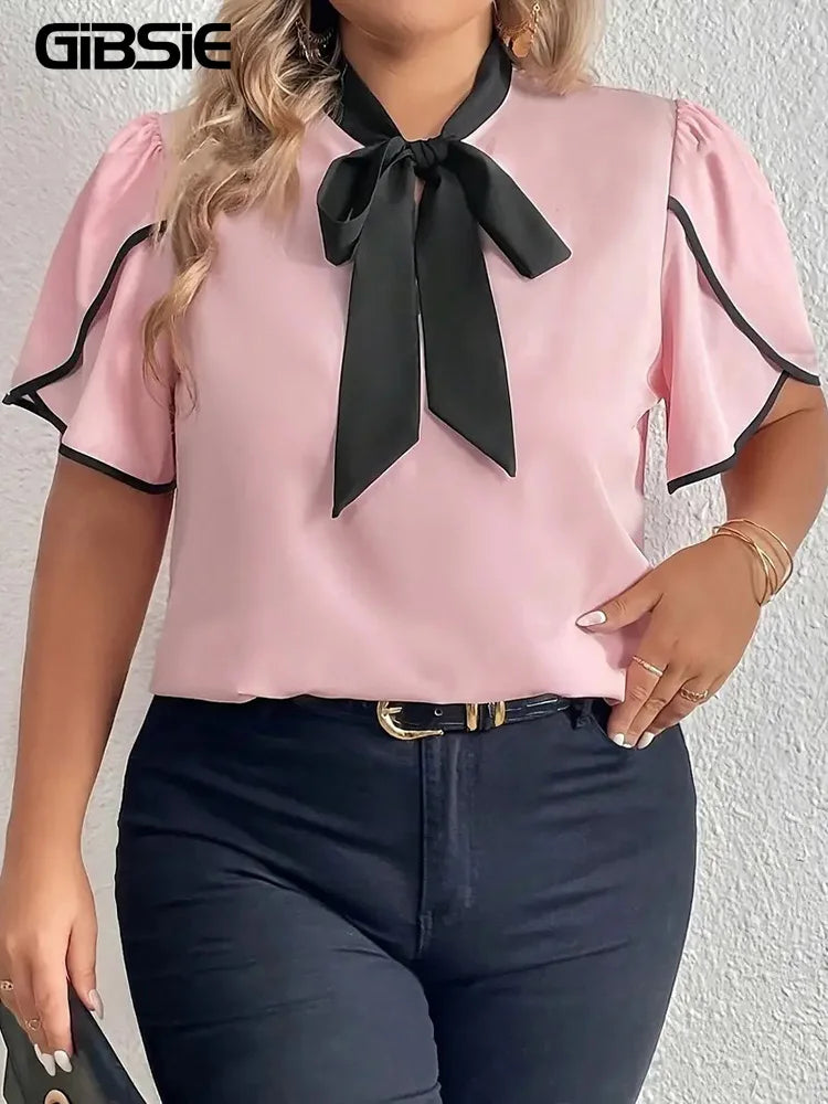 GIBSIE Plus Size Contrast Bow Tie Neck