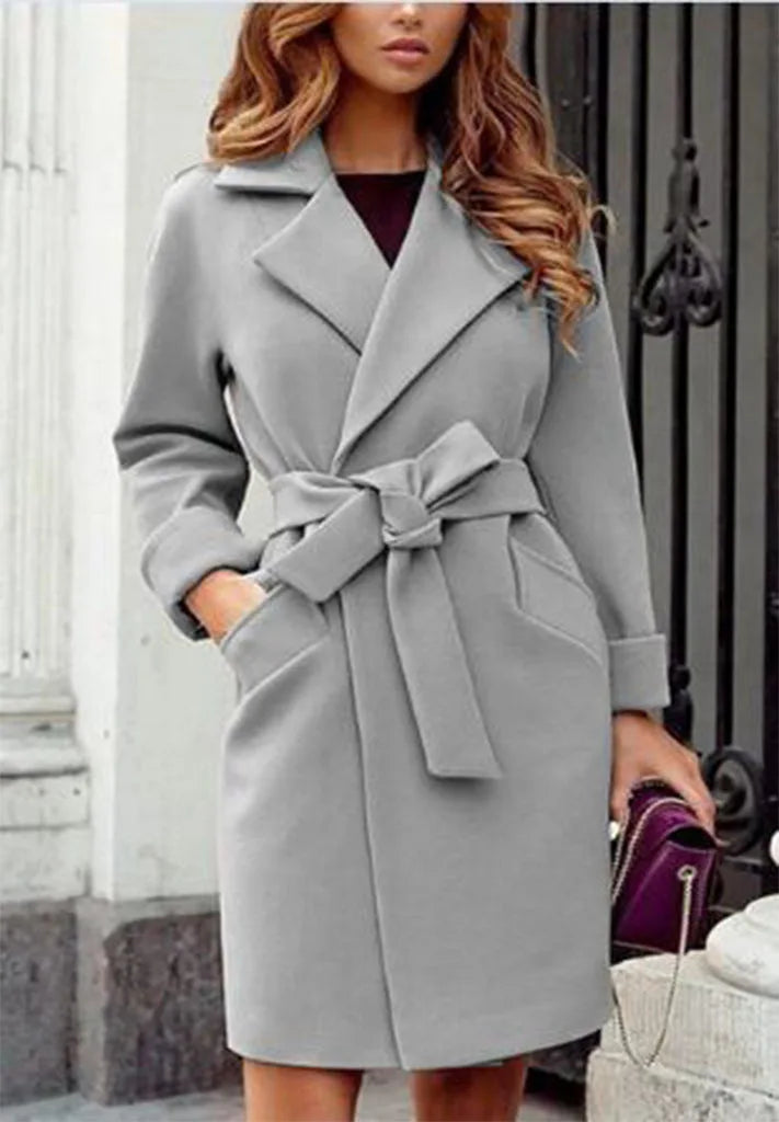 Temperament Elegant Slim Woolen Coat Women Fashion Solid Color Lapel Leace-up Bodycon Midi Woolen Coats Female Autumn Winter New - MyEmpired