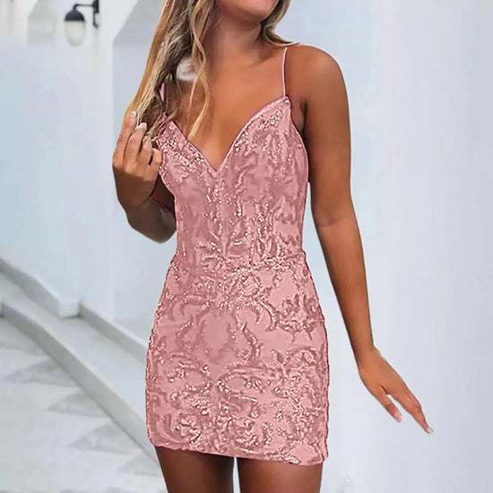 Sexy Cocktail Dress For Women Sequins Lace Embroidery Romantic Mini Sundresses Spaghetti Strap Mermaid Prom Dresses Vestidos - MyEmpired