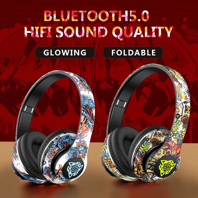 LED Graffiti Foldable Wireless Bluetooth Headphones Noise Canceling Super Bass Headsets Gamer Earphones Support TF With HD Mic