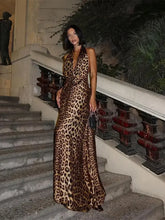 Women Elegant Leopard Print Lace-up Halter Dress Sexy Backless Deep V-neck Slim Long Dresses 2024 New Lady High Street Partywear - MyEmpired