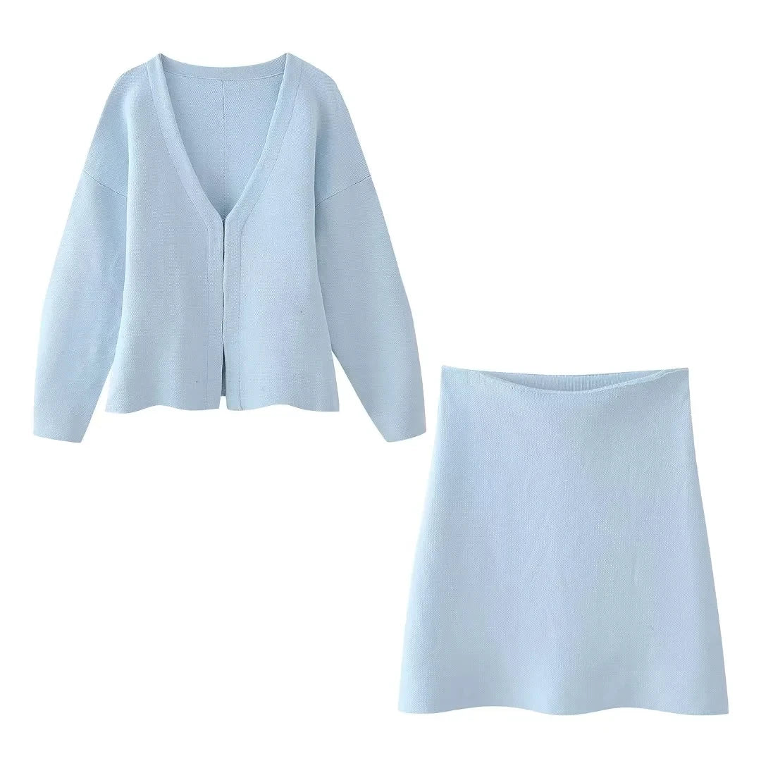 TRAFZA 2024 Spring Summer Sexy Solid Knitted Women Suits Fashion Nightclub V Neck Single Breasted Shirts+Chic Mini Pencil Skirts - MyEmpired