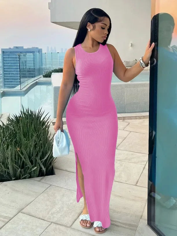 Mandylandy Long Bodycon Sexy Dress Women Sleeveless Round-Neck High Waist Dresses Solid Color High Waist Sheath Sexy Dresses - MyEmpired