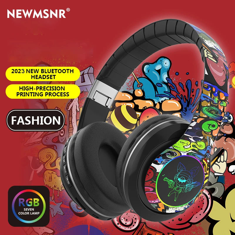 (Christmas gifts)Glowing Bluetooth Headphones Graffiti Wireless Earphones in Mic Noise Cancel Headphones HiFi Deep Bass headsets