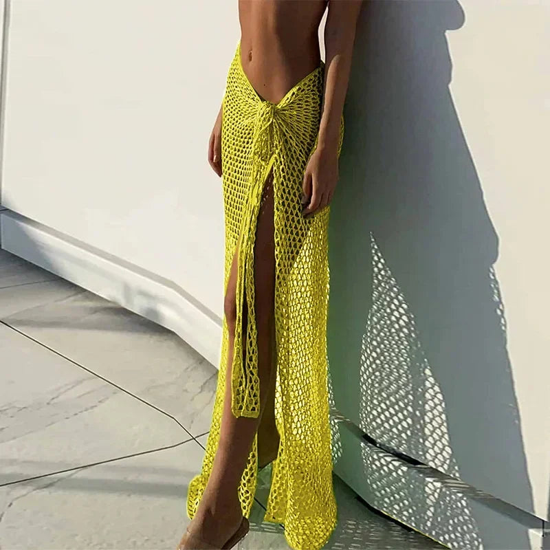 2024 Beach Cover Up Sexy See Through Dress Knit Long Skirts Mesh Hollow Out Through Wrap White Midi Skirt Party Outfits