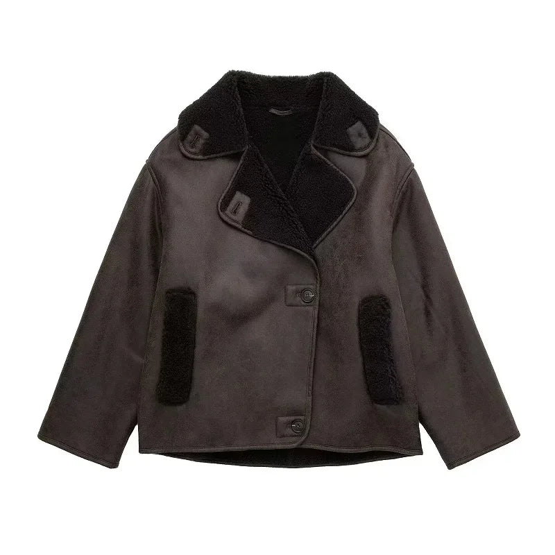 TRAF Woman Thick Faux Leather Jackets for Women Coat Autumn Winter Warm Wool Blends Coats Demi-season Plush Jacket Outerwear - MyEmpired