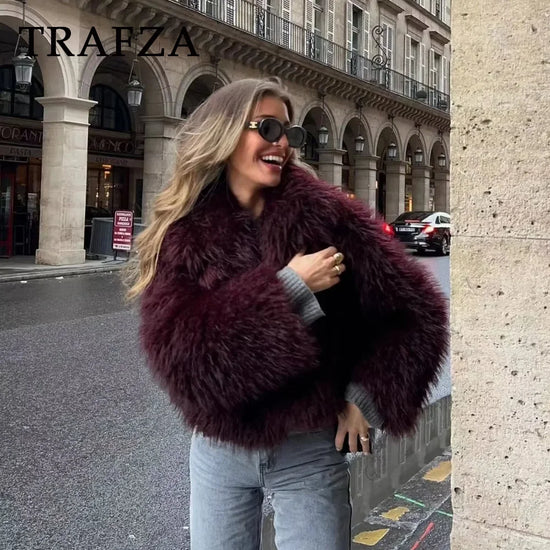 TRAFZA 2025 Autumn Winter Women Casual Faux Fur Jackets Fashion Streetwear Solid Turn Down Collar Warm Oversized Thick Coats - MyEmpired