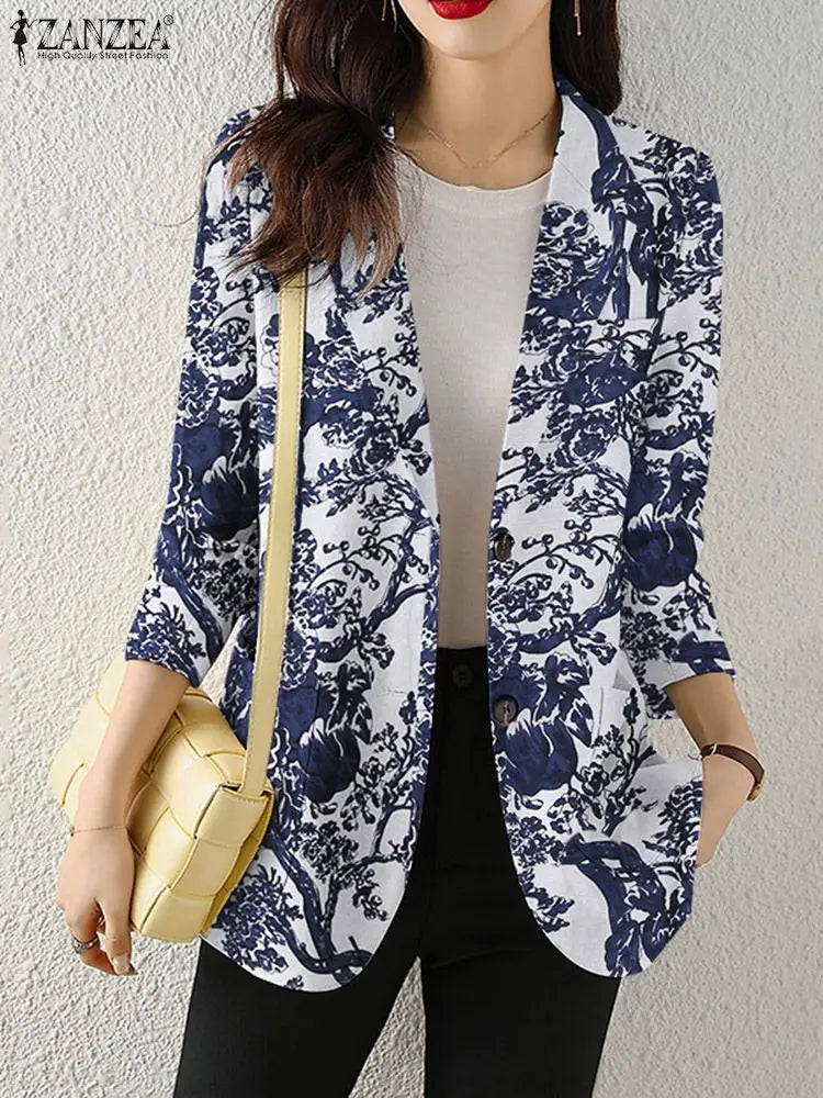 Women Autumn Blazer Retro Printed Coats Casual Long Sleeve Floral Outerwear ZANZEA Female Single Button Lapel Jackets Oversize