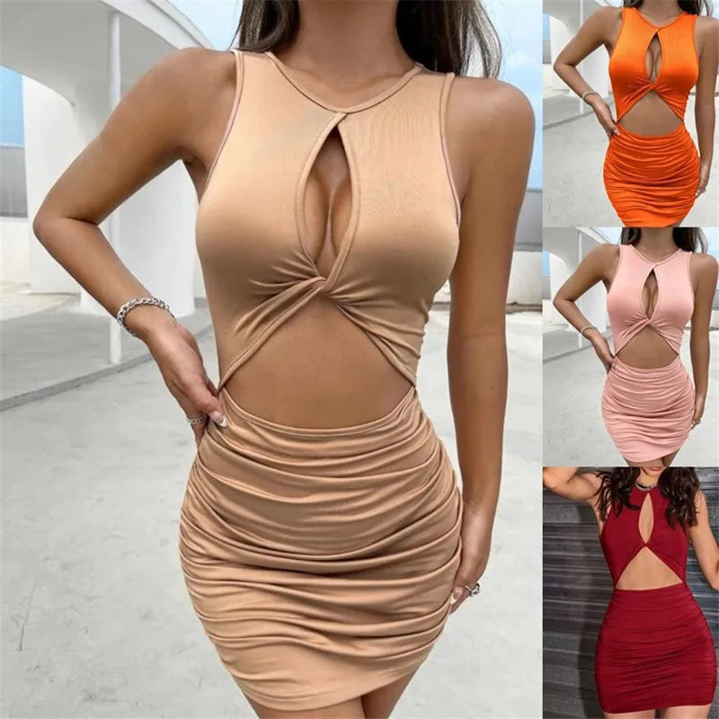 Summer women's tight fitting nightclub dress, sexy hollow out pleated suspender dress for women