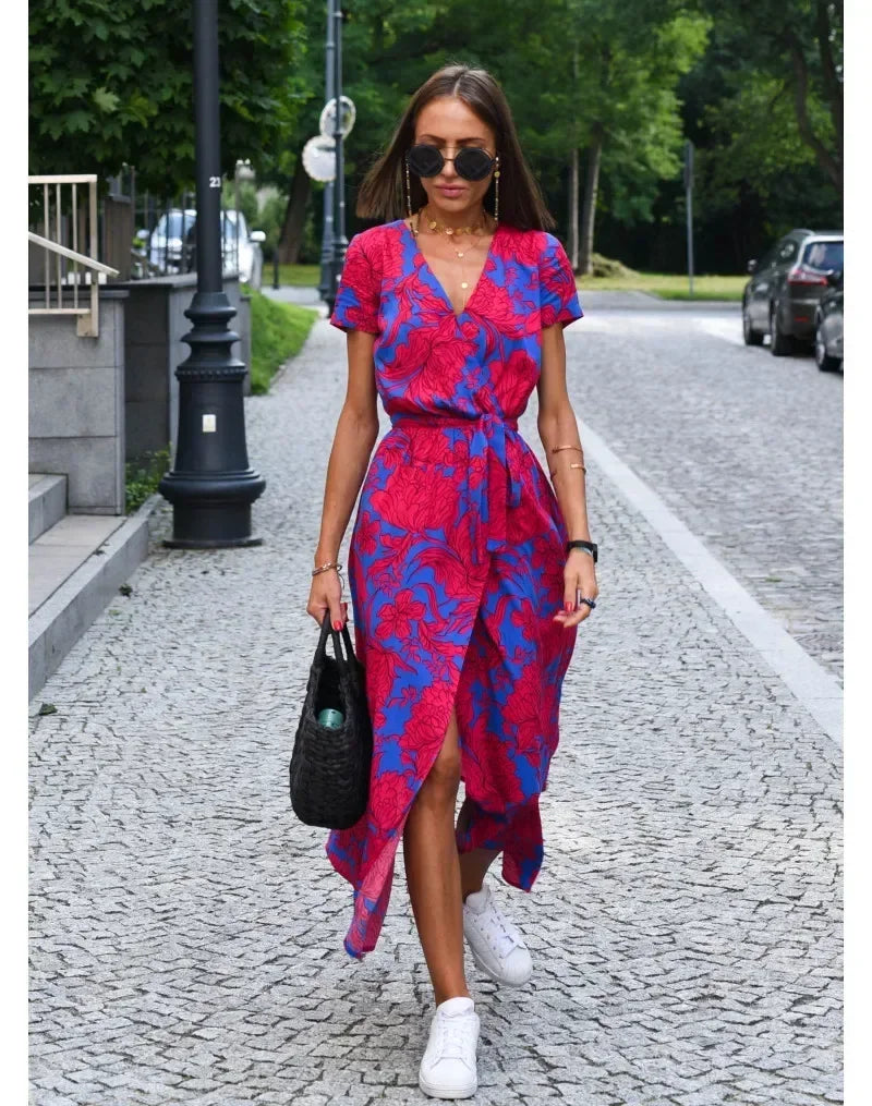 Summer Women's New V-Neck  Floral Printed Mid-Length Dress Split Vacation Style Fashion Long Dresses