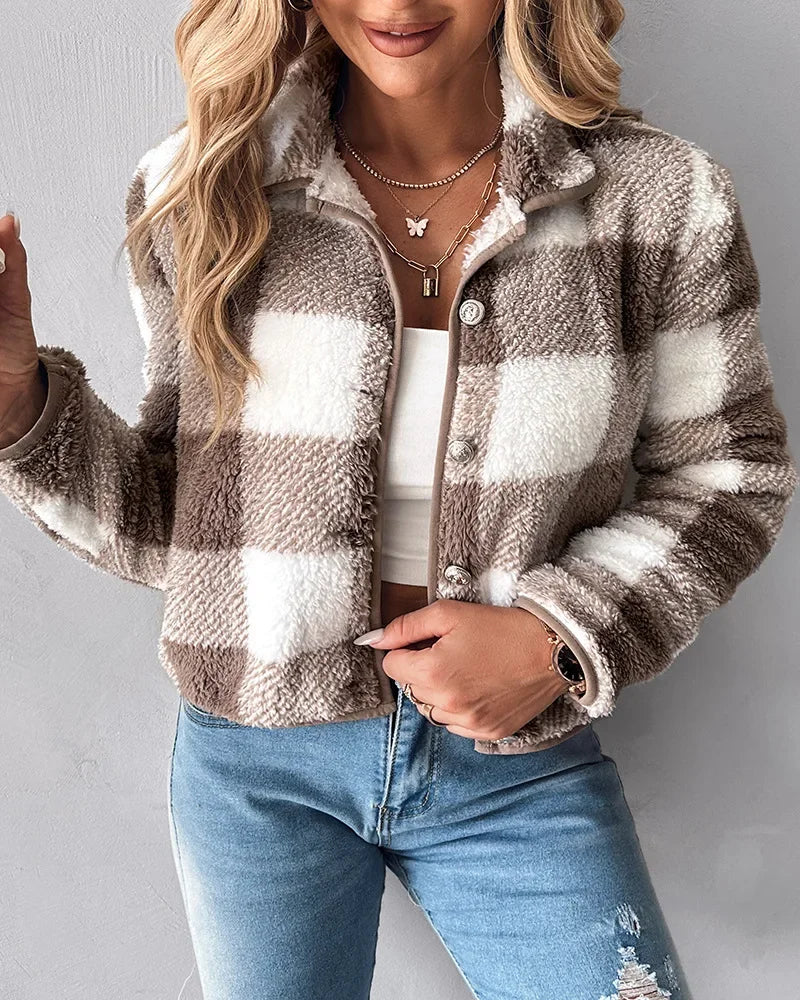 New Independent Design Retro Versatile Long Sleeved Single Breasted Spring And Autumn Maillard Color Checkered Plush Short Jacke