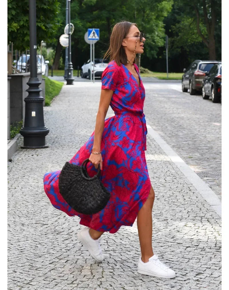 Summer Women's New V-Neck  Floral Printed Mid-Length Dress Split Vacation Style Fashion Long Dresses