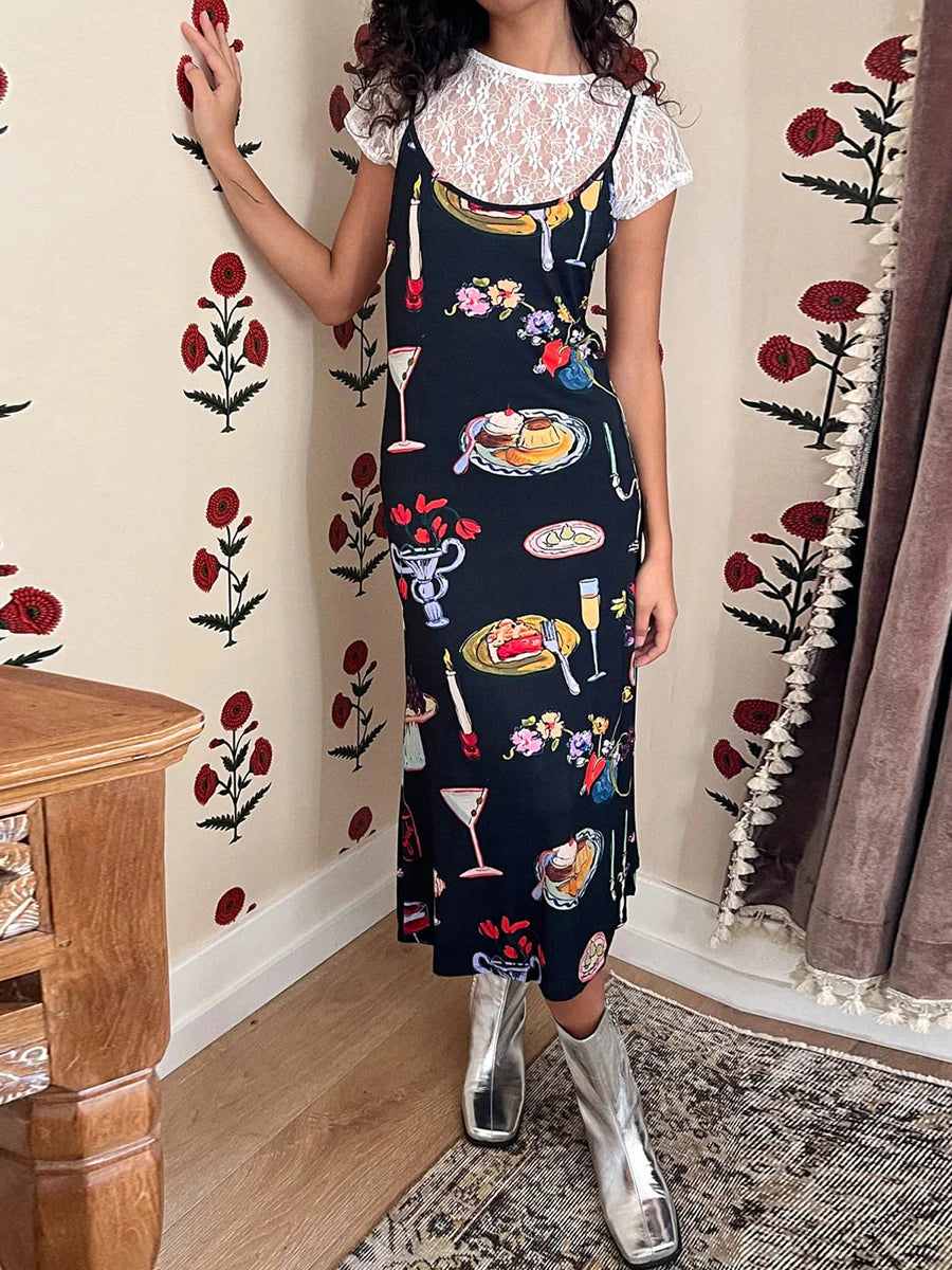 Women Cami Dress Table Collection Print Sleeveless Backless Slip Dress Midi Bodycon Dress 90S Aesthetic E-Girl Party Dresses