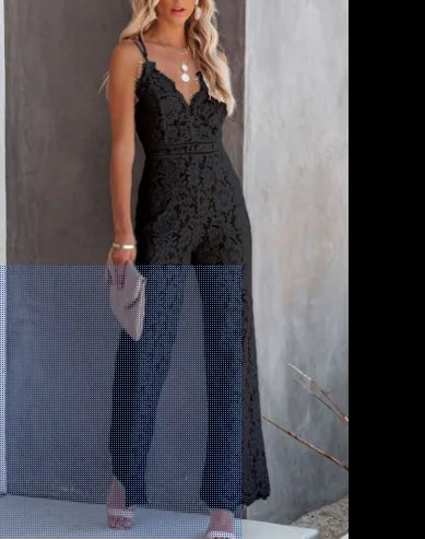Elegant Lace V Neck Sleeveless Open Back Jumpsuit Spaghetti Strap High Waisted Long Wide Leg Pants Jumpsuit Women Sexy Overalls - MyEmpired