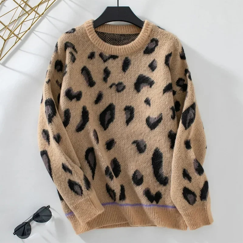 Ueteey Knitted Sweater for Women Autumn Winter Leopard Jacquard Brushed Pullover Womens Long Sleeve Oversized Sweaters 2024