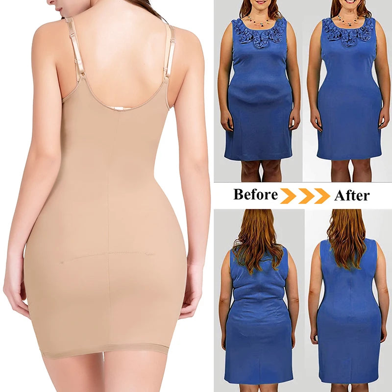 Women's Full Slip Adjustable Spaghetti Strap Camis Mini Dress Deep V Neck Underbust Push Up Breast Underdress Smooth Body Shaper