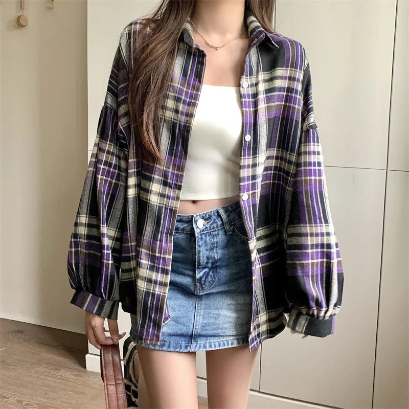 Plaid Shirt Women Autumn Long Sleeve Top Female Vintage Fashion Single Breasted Blouse Ladies Preppy Style Loose Check Shirts